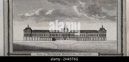 Das Krankenhaus von Bethlem [Bedlam] in Moorfields, London: Von Norden aus gesehen. Gravur, 1775. Stockfoto