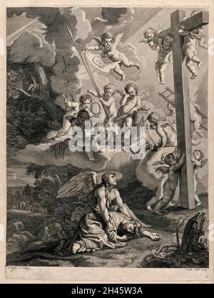Die Qual Christi im Garten Gethsemane; ein Engel steigt herab, um ihn zu stärken, während die Cherubim mit den Instrumenten der Passion schweben. Stich von C. Bouzonnet Stella nach J. Stella. Stockfoto