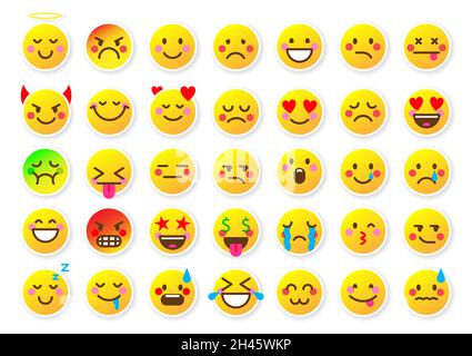 Emoji-Gesicht Aufkleber Stimmung Web-Abzeichen gelb flach set. Fröhliche und traurige Emotionen der Messenger-Website des sozialen Netzwerks. Ausdruck von Traurigkeit Freude Wut Liebe niedlich runde Form Chat-Symbol auf weiß isoliert Stock Vektor