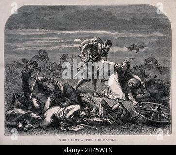 Nächtliche Szene auf einem Schlachtfeld:eine Frau, die einen verwundeten Soldaten stillt, fleht mit einem Mann, der die Leichen plündern will, um dem Mann in ihrer Obhut zu ersparen. Holzstich von F. Gilbert nach J. Gilbert. Stockfoto