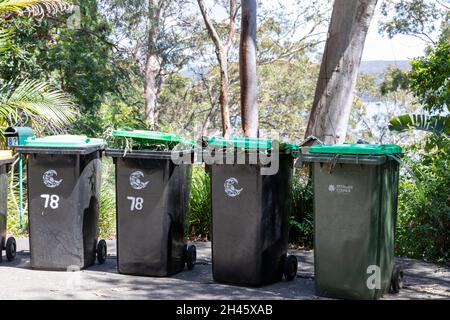 Australien, grüner Garten mit Mülltonnen voller Gartenabfälle und Vegetation auf der Straße, die auf die ratssammlung wartet, Avalon Beach Vorort in Sydney, Austra Stockfoto