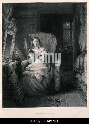 Eine junge Frau sitzt auf einem Stuhl und liest eine Geschichte, die sie nervös gemacht hat. Stich von R. Graves nach R.W. Bus. Stockfoto