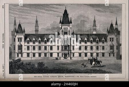 The Royal Victoria Patriotic Asylum, Wandsworth: Die Fassade. Holzstich von W. E. Hodgkin nach B. Sly. Stockfoto