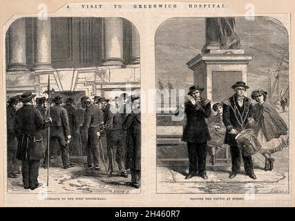 Alltag im Greenwich Hospital: Links, Rentner, die sich in den Eingang des westlichen Speisesaals einklingelten, rechts, und bei Sonnenuntergang die Tätowierung schlagen. Holzstiche von M. Jackson, 1865. Stockfoto