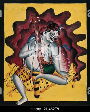 Shiva sitzt auf einer Tigerhaut mit Sitar in der Hand. Gouache-Gemälde eines indischen Künstlers, 18--. Stockfoto