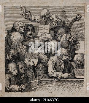 Ein Chor von Sängern, die William Huggins' Oratorium 'Judith' einstudieren. Radierung von W. Hogarth, 1732. Stockfoto