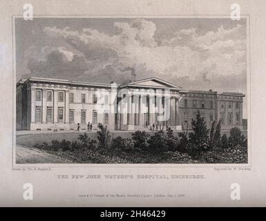 Das New John Watson's Hospital, Edinburgh, Schottland. Linienstich von W. Watkins, 1830, nach T.H. Schäferhund. Stockfoto