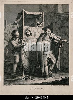 Ein junger Mann spielt eine Geige vor einem Punch and Judy-Stand mit dem Puppenspieler in der Nähe. Stich von Giovanni Volpato nach Francesco Maggiotto. Stockfoto