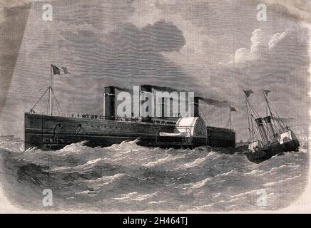 Ein Dampfer, der einen Zug über den Ärmelkanal transportieren soll. Holzstich. Stockfoto