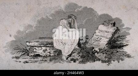 Eine junge Frau weint über einem Grabstein auf einem Friedhof. Radierung mit Gravur. Stockfoto
