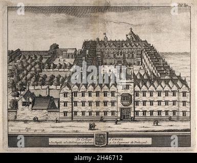 Oriel College, Oxford: Vogelperspektive mit einer Skala, nummeriertem Schlüssel und Wappen. Ätzen. Stockfoto