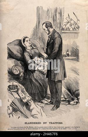 Königin Victoria trauerte um Albert und ihre Untertanen waren empört über ihre Vernachlässigung ihrer Pflichten. Holzstich, c.. 1861. Stockfoto