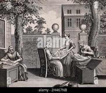 Textilien: Frauen in einem Garten, die Seidenraupeneier für die Inkubation aussortieren. Stich von B. Cole, 1749. Stockfoto