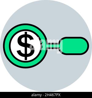 Lupe mit Dollarzeichen, Illustration, Vektor, auf weißem Hintergrund. Stock Vektor
