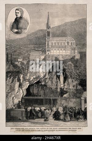 Lourdes, Haute Pyrénées, Frankreich: Pilger beten vor der Grotte und Porträt von Bernadette Soubirous. Holzstich. Stockfoto