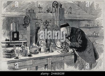 Louis Pasteur in seinem Labor, der durch ein Mikroskop schaut. Holzstich von A. Marie, 1885. Stockfoto