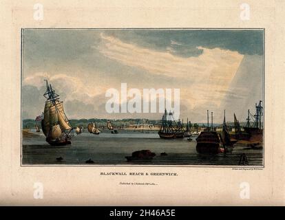Royal Naval Hospital Greenwich, aus der Ferne betrachtet, mit vielen Schiffen im Vordergrund. Farbiger Aquatinta von W. H. Timms nach sich selbst, 1821. Stockfoto