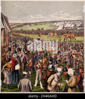 Menschenmassen beobachten das Pferderennen auf einem großen Feld mit Festzelten. Farbprozessdruck. Stockfoto