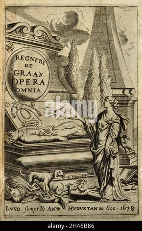 Reinier de Graaf: titelblatt zu seiner Opera omnia. Linienstich von P. Pinchard, 1678. Stockfoto