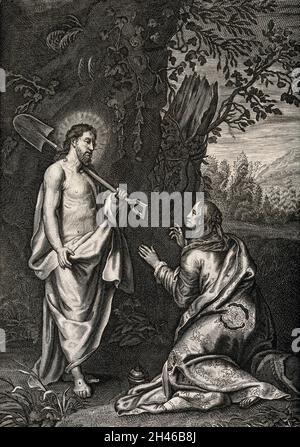 Der auferstandene Christus erscheint Maria Magdalena als Gärtner. Gravur. Stockfoto