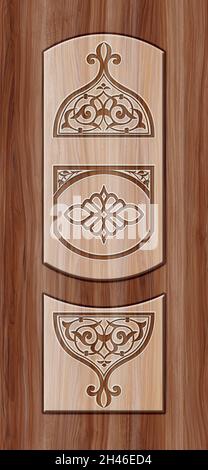 3D Tür Design Hintergrund, Laminat Holz Hochwertige Haut Rendering, geometrische Carving Innenarchitektur. Stockfoto