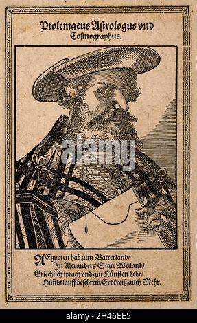 Claudius Ptolemaeus (Ptolemäus). Holzschnitt von T. Stimmer, 1587. Stockfoto