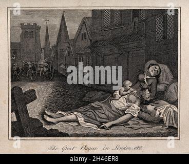 Zwei Frauen, die während der großen Pest 1665 in einer Londoner Straße tot liegen, eine mit einem noch lebenden Kind. Radierung nach R. Pollard II. Stockfoto