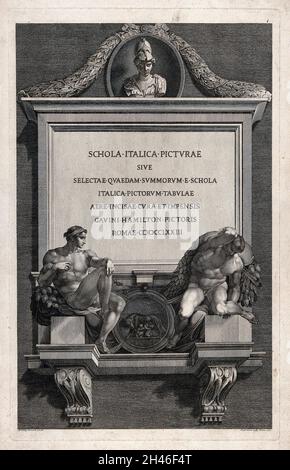 Eine auf Stein gemeißelte Inschrift mit Marmorstatuen von Michelangelo einschließlich Romulus und Remus. Stich von J. Perini, 1771, nach Michelangelo. Stockfoto