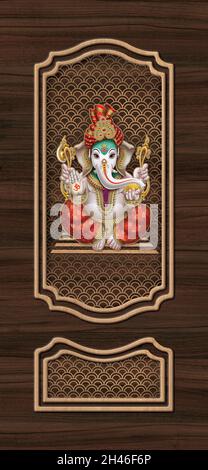 Lord Ganesha 3D Tür Design Hintergrund, Laminat Holz Hochwertige Rendering dekorative Tapete Illustration, Emboss Innenarchitektur. Stockfoto
