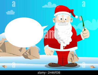 Der Weihnachtsmann in seinen roten Kleidern mit weißem Bart und Zahnbürste. Vektor Cartoon Figur Illustration. Stock Vektor