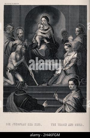 Heilige Maria (die selige Jungfrau) mit dem Christkind, vier männliche Heilige, Heiliger Antonius von Padua, Heilige Katharina von Alexandria und Heilige Maria Magdalena. Stich von A.H. Payne nach Andrea del Sarto. Stockfoto