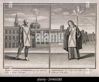 Links, ein Mann, der in der spanischen Inquisition wegen Häresie verurteilt wurde; rechts, eine Nonne, die durch Zurückziehen auf dem Scheiterhaufen verbrannt wurde. Stich von B. Picart, 1722. Stockfoto
