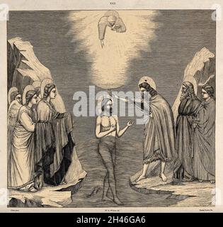Der heilige Johannes der Täufer tauft Christus; ein Engel mit einem Buch kommt von oben herab. Holzstich der Gebrüder Dalziel, 1854, nach W. O. Williams nach Giotto. Stockfoto