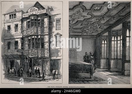 Gebäude in Bishopsgate, London, einschließlich des Free Hospital und des Hauses von Sir Paul Pindar: Blick auf die Fassade, wenn sie als Taverne genutzt wird, und das Innere des Salons. Holzstich, 1878. Stockfoto