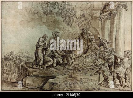 Die Anbetung der Hirten bei der Geburt Christi. Farbiger Aquatinta mit Radierung von J.G. Prestel nach G.F.M. Mazzola, il Parmigianino. Stockfoto