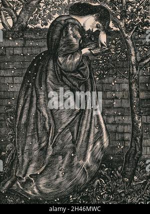 Eine junge Frau lehnt sich an eine Wand und liest ein Buch, während Schneeflocken fallen. Holzstich von Dalziel Brothers, 1863, nach E. Burne-Jones. Stockfoto