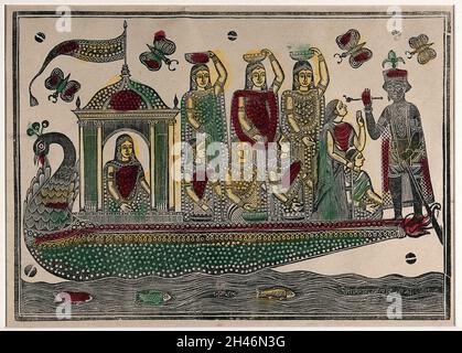 Krishna steuert ein Pfauenboot mit acht Mädchen. Druck eines indischen Künstlers, 18--. Stockfoto