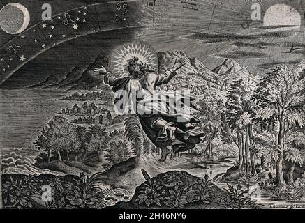 Der vierte Tag der Schöpfung: Gott erschafft Sonne, Mond und Sterne. Linienstich von Thomas de Leu. Stockfoto