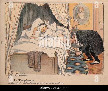 Ein Arzt fügt anstelle eines Thermometers ein Barometer in den Rücken eines Patienten ein: Sein Zustand lautet „Set fair“. Farbprozessdruck nach J-A. Faivre, 1902. Stockfoto