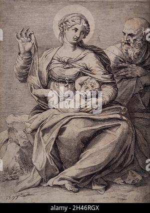 Die heilige Maria (die selige Jungfrau) und der heilige Josef mit dem Christkind. Gravur, 1597. Stockfoto