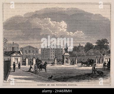 Das Findling Hospital, von der Lamb's Conduit Street aus gesehen. Holzstich nach P. Justyne. Stockfoto