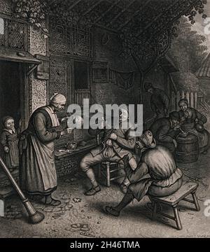 Die Bauern sitzen, rauchen, außerhalb des Gasthauses, während die Gastgeberin ein Glas Ale gießt. Stich von J. Suyderhoff nach A. van Ostade. Stockfoto
