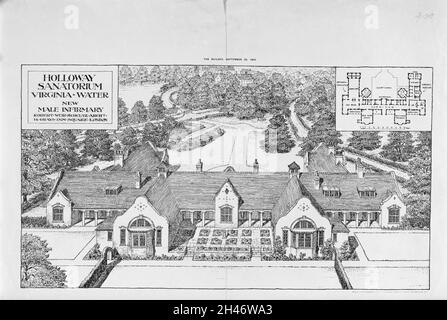 Holloway Sanatorium, Virginia Water, Surrey: Luftaufnahme des neuen männlichen Flügels. Photolithograph, 1906. Stockfoto