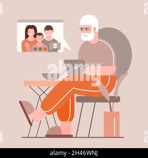 Glücklicher Großvater mit Laptop hat Videoanruf mit seiner Familie. Opa hat Online-Chat mit Kindern und Enkel Stock Vektor