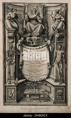 Adrianus Spigelius [Spieghel], eingravierte Titelseite von De humani corporis fabrica. Linienstich von F. Valesius, 1627, nach O. Fialetti. Stockfoto