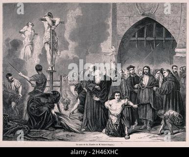 Ein Auto-da-fé der spanischen Inquisition: Das Verbrennen von Ketzern auf einem Marktplatz. Holzstich von H.D. Linton nach Bocourt nach T. Robert-Fleury. Stockfoto