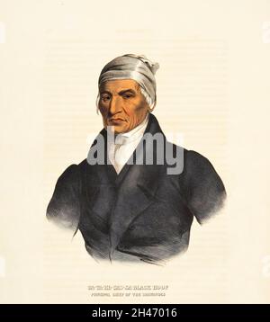 Catecahassa oder Black Hof (c. 1740-1831) war der Oberbürgerchef der Shawnee-Indianer im Ohio-Land der Vereinigten Staaten. Black Hoof, ein Mitglied der Mekoche-Division der Shawnees, wurde während der frühen Kriege zwischen den Shawnee und den eindringenden amerikanischen Siedlern als ein heftiger Krieger bekannt. Black Hoof behauptete, bei der Schlacht am Monongahela im Jahr 1755 anwesend gewesen zu sein, als General Edward Braddock während des Französisch- und Indischen Krieges besiegt wurde, obwohl es keine zeitgenössischen Beweise dafür gibt, dass Shawnees an dieser Schlacht teilgenommen hat Stockfoto