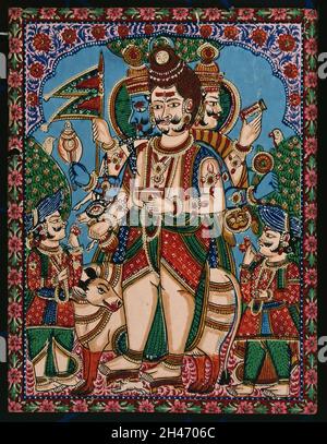 Trimurti; ein dreiköpfiger gott mit Shiva in der Mitte, Vishnu auf der linken Seite und Brahma auf der rechten Seite, der vor Nandi, der Kuh, steht. Gouache-Gemälde eines indischen Malers. Stockfoto
