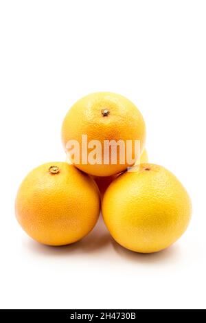 Grapefruit auf weißem Hintergrund. Zusammen mit dem reifen Grapefruitton-Farbton. Nahaufnahme des Story-Formats Stockfoto