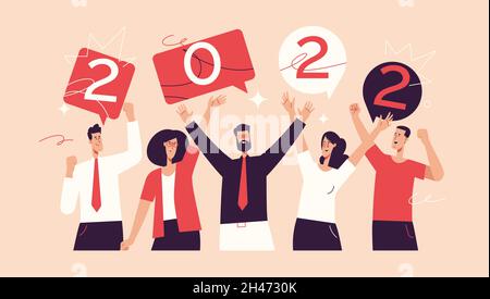 Vektordarstellung einer Gruppe von Büromitarbeitern, die das neue Jahr 2022 feiern. Bearbeitbare Kontur Stock Vektor